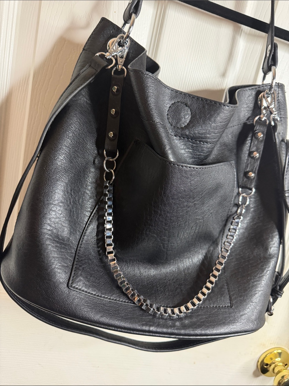 Madison West Black Leather 2 in 1 Tote Bag with Silver Chain Accent